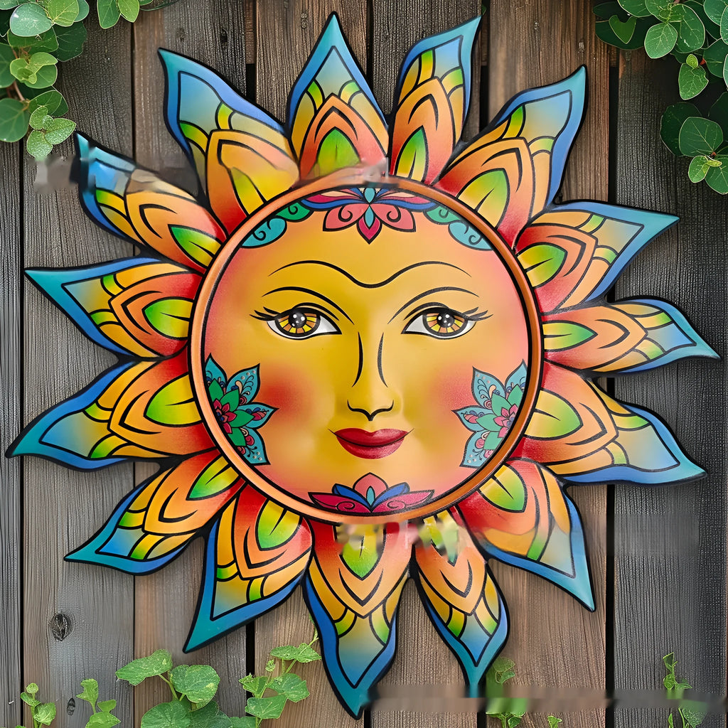 Iron wall hanging featuring a detailed sun face design in one of five available colour finishes.