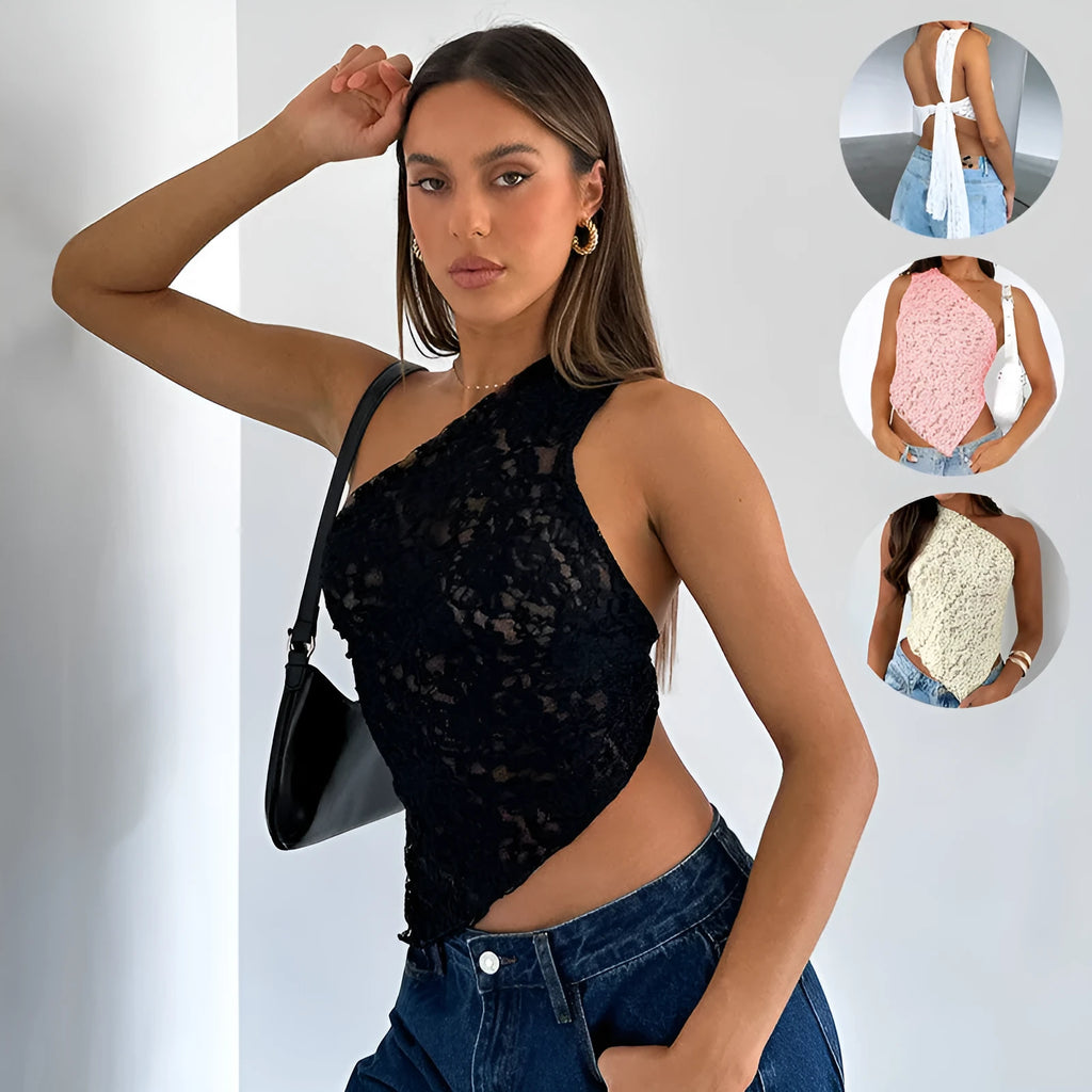 Backless lace sleeveless vest top with asymmetrical neckline in solid colour options