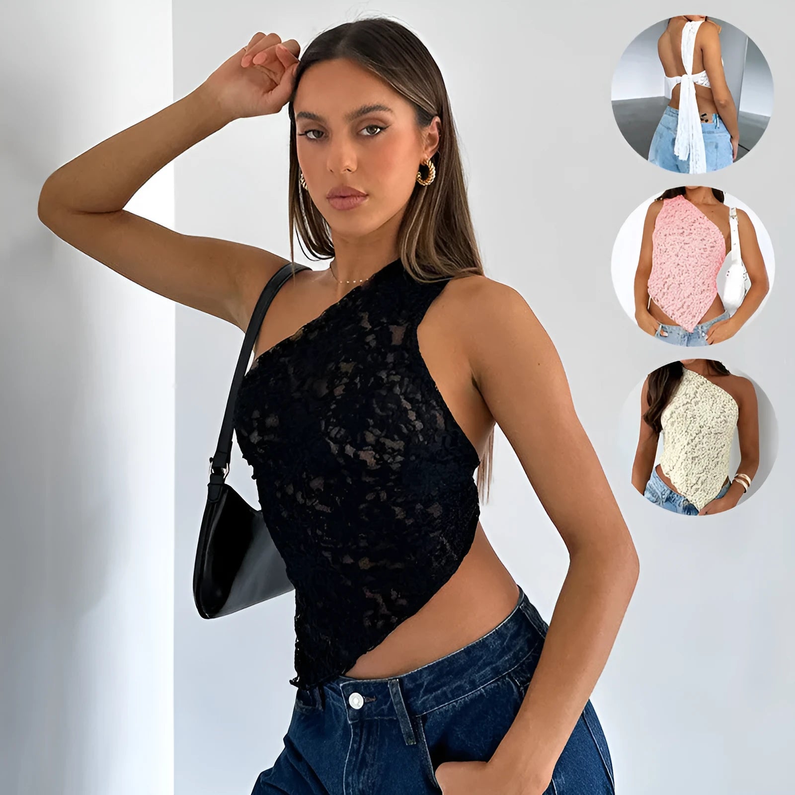 Backless lace sleeveless vest top with asymmetrical neckline in solid colour options