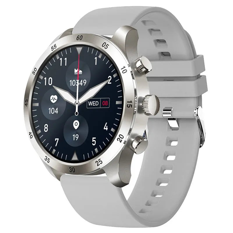 Black Bluetooth smart watch with steel strap on wrist, showing call and health tracking display