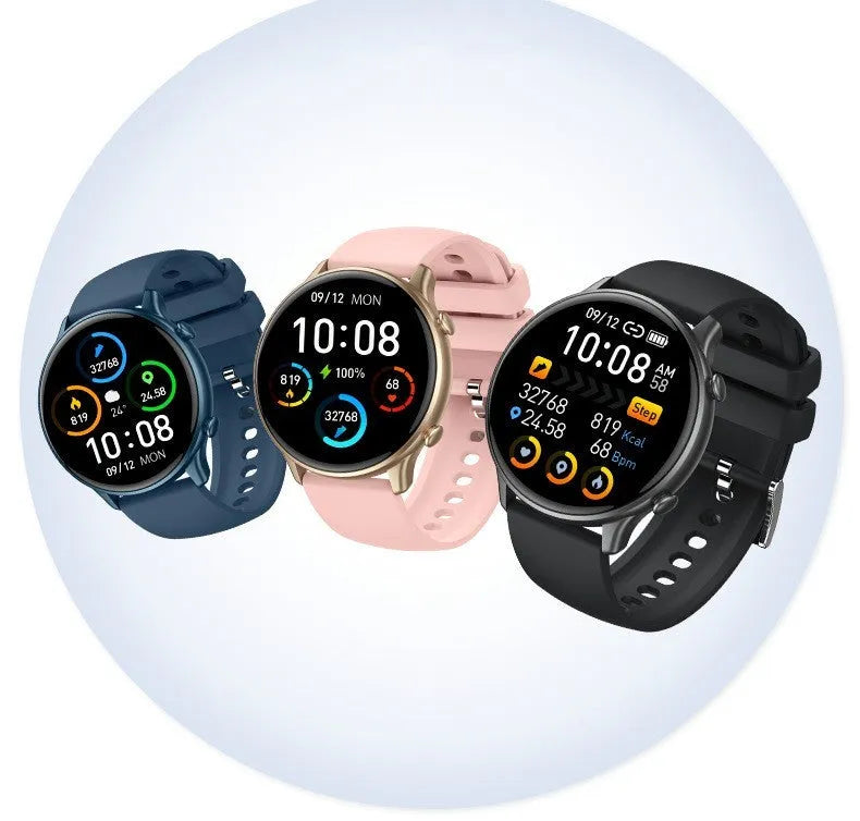 Round touch screen smart sports watch with silicone strap in black, blue, or pink colours