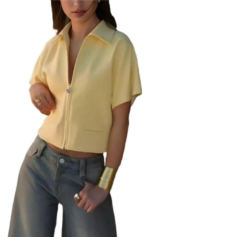 Damascus loose fit casual polyester top in white, black or yellow with short sleeves
