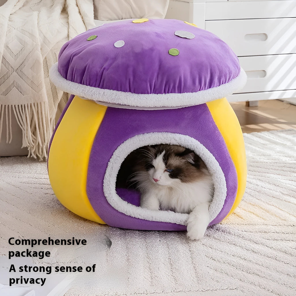 Plush grey mushroom-shaped cat bed with a detachable rabbit fur blanket inside.
