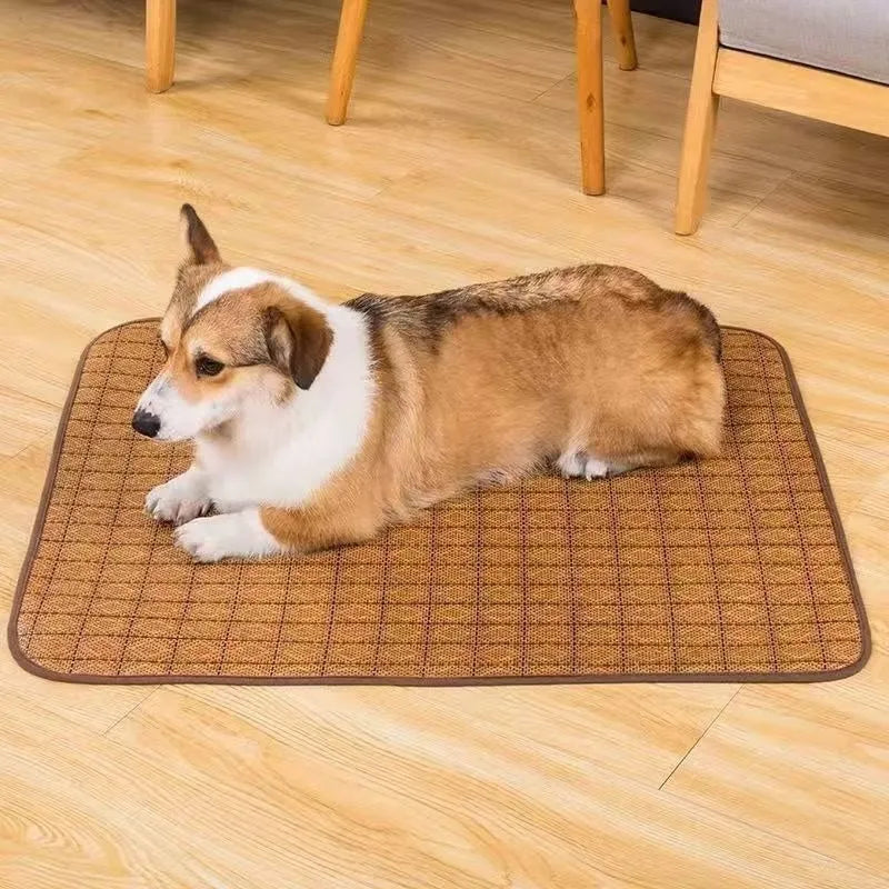 Brown woven rattan fibre dog cooling mat for summer use