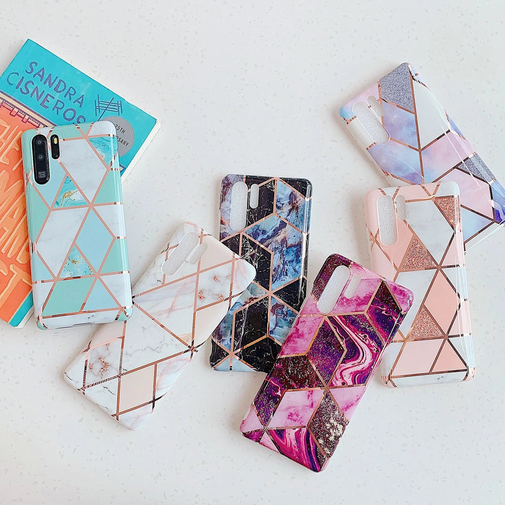 Electroplated marble pattern TPU phone case for Huawei and Samsung smartphones in multiple colours