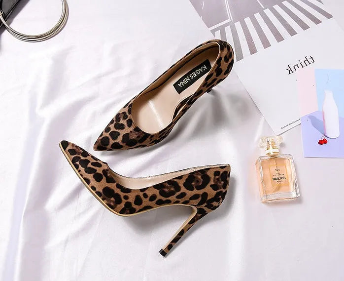 Leopard print women's pumps with 10cm stiletto heel pointed toe slip-on flock upper