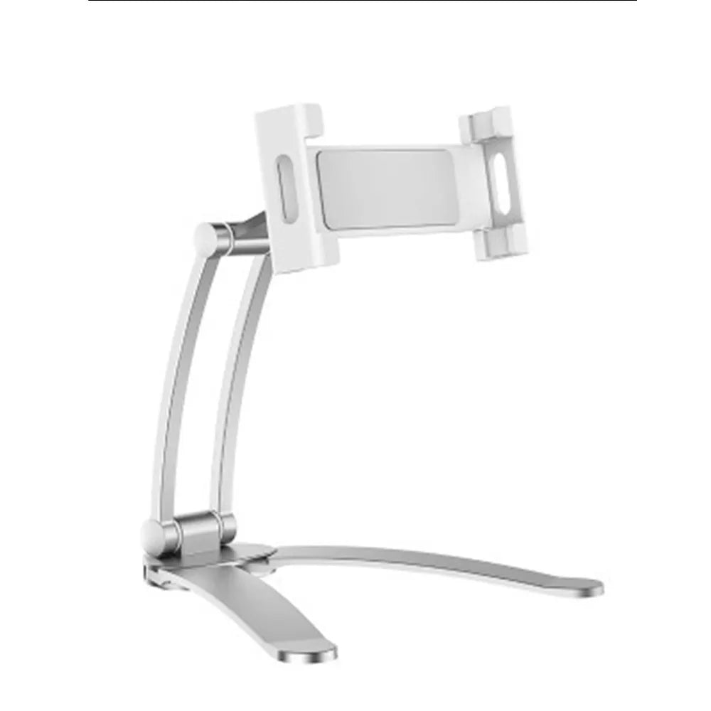 Silver aluminium alloy tablet stand holding a tablet, showing its 360-degree adjustable hinge and chuck system.
