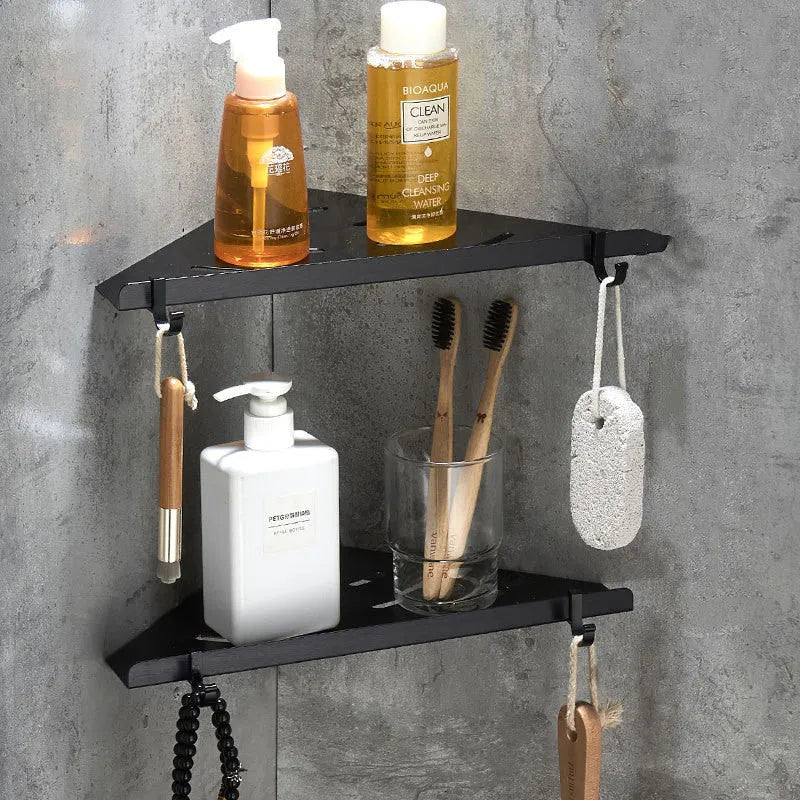 Black aluminium wall-mounted triangle bathroom shelf with double layer