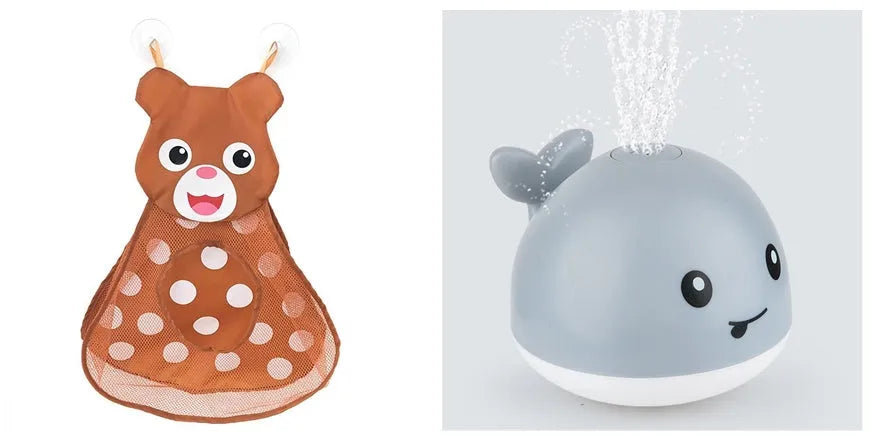 Electric whale bath toy with automatic water spray and flashing lights on a base