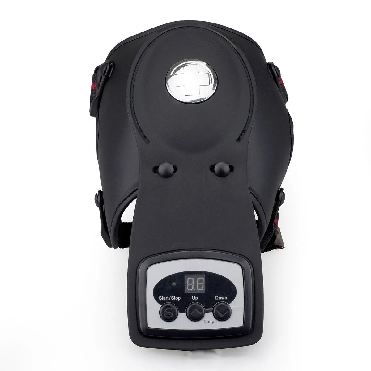 Infrared heat therapy knee and shoulder massager with pads and power adapter on a table.
