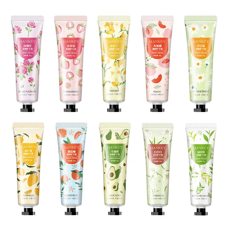 30g fruit hand cream tube with multiple fragrance options including avocado and rose