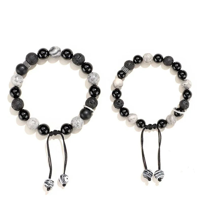 Black agate map stone volcanic bracelet with diamond shape and electroplated finish, showing men's 10mm and women's 8mm sizes.