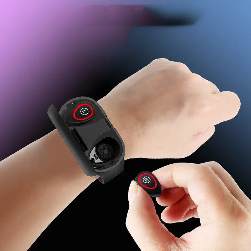 Smart bracelet earphone combo in black, blue, or red colours with a 1-inch screen on a silicone wristband