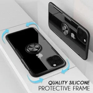 Black iPhone case with detachable car holder arm mounted on dashboard showing shockproof PC construction