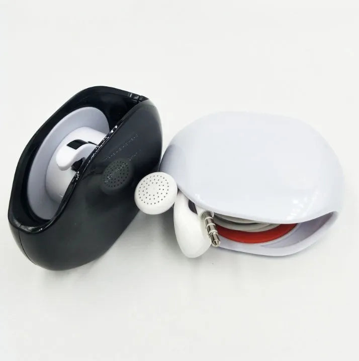 Automatic earphone cable winder retractor in a compact plastic case.