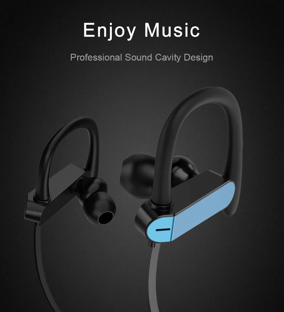 Sports earphones with ear hooks in black blue, black grey, white gold and white silver colours