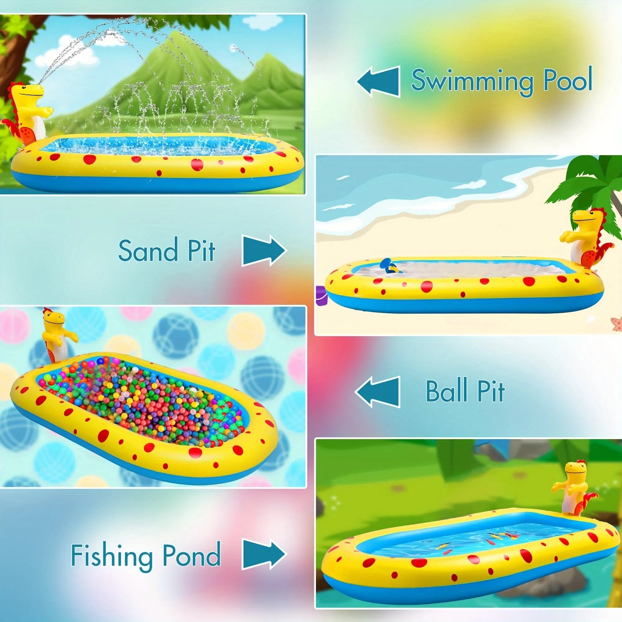 Blue dinosaur and shark inflatable water spray pool with spray feature in garden setting