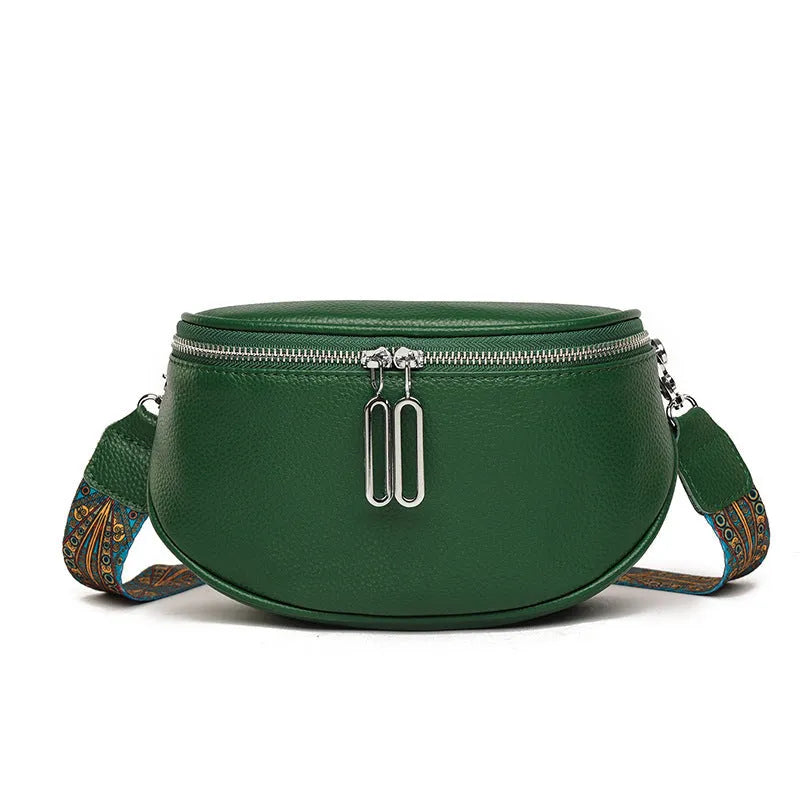 A soft black PU leather women's messenger bag with a saddle shape and cross-body strap on a white background.
