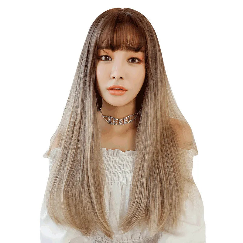 Long straight chemical fibre wig with black top net in pink purple three-colour gradient