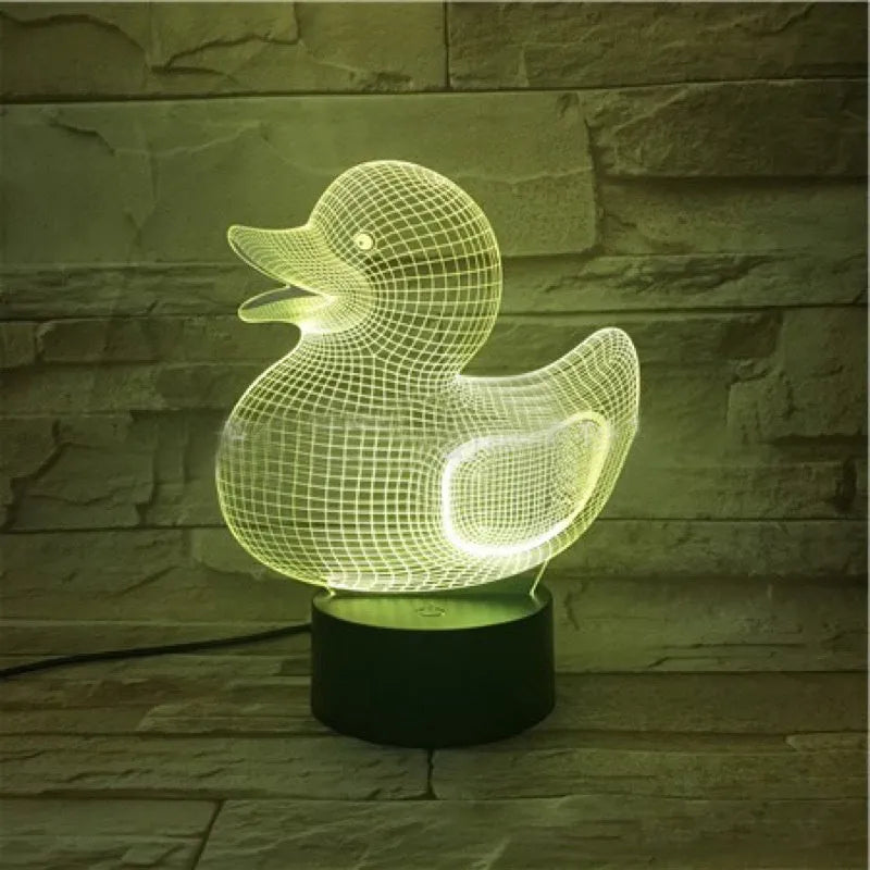 Little yellow duck 3D acrylic night light with ABS base showing seven colour LED options and remote control