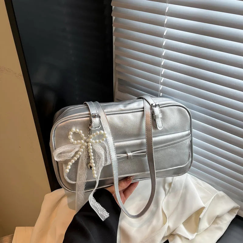 Women's solid colour PU single-shoulder flap bag with pearl bow decoration and mobile phone pocket