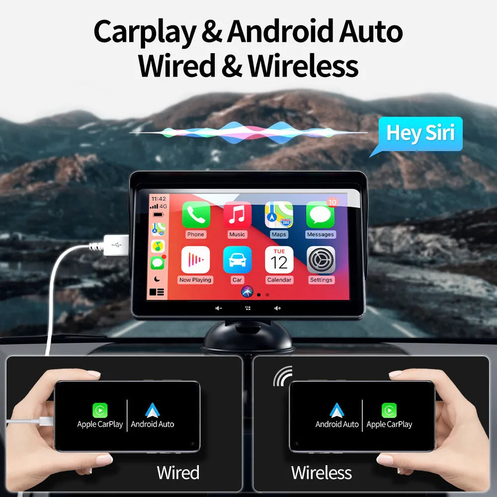7-inch wireless CarPlay display with cigarette lighter cable and suction cup mount for car dashboard installation