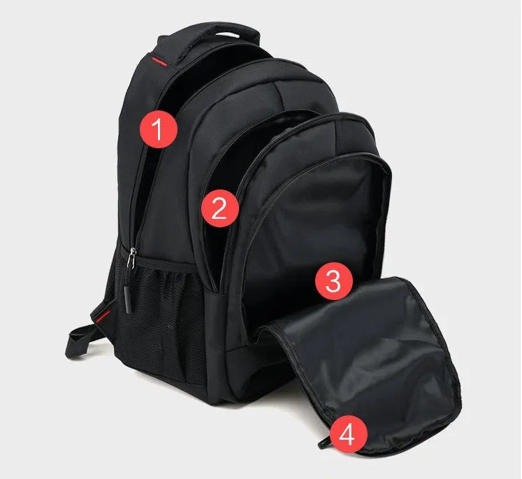 Oxford fabric school backpack with reinforced straps and side pockets available in blue green red grey and orange for teenagers