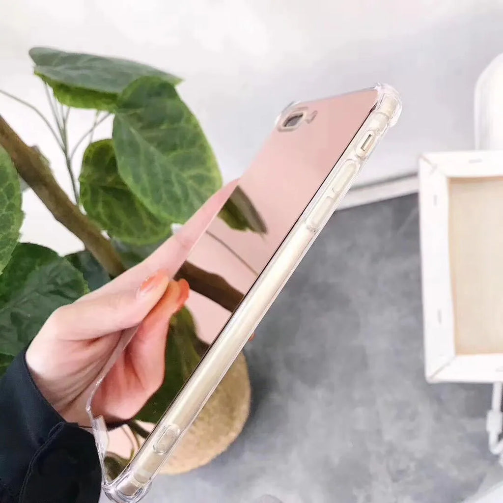 Mirror iPhone Case in various colours including black, blue, gold, rose gold, silver, and transparent.