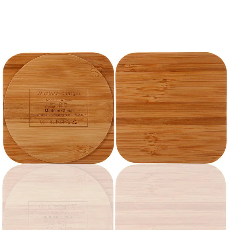 Brown square wooden bamboo wireless charging pad with Qi 5W charging capability