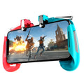 Multifunctional mobile game handle controller in black blue and white colours attached to a smartphone