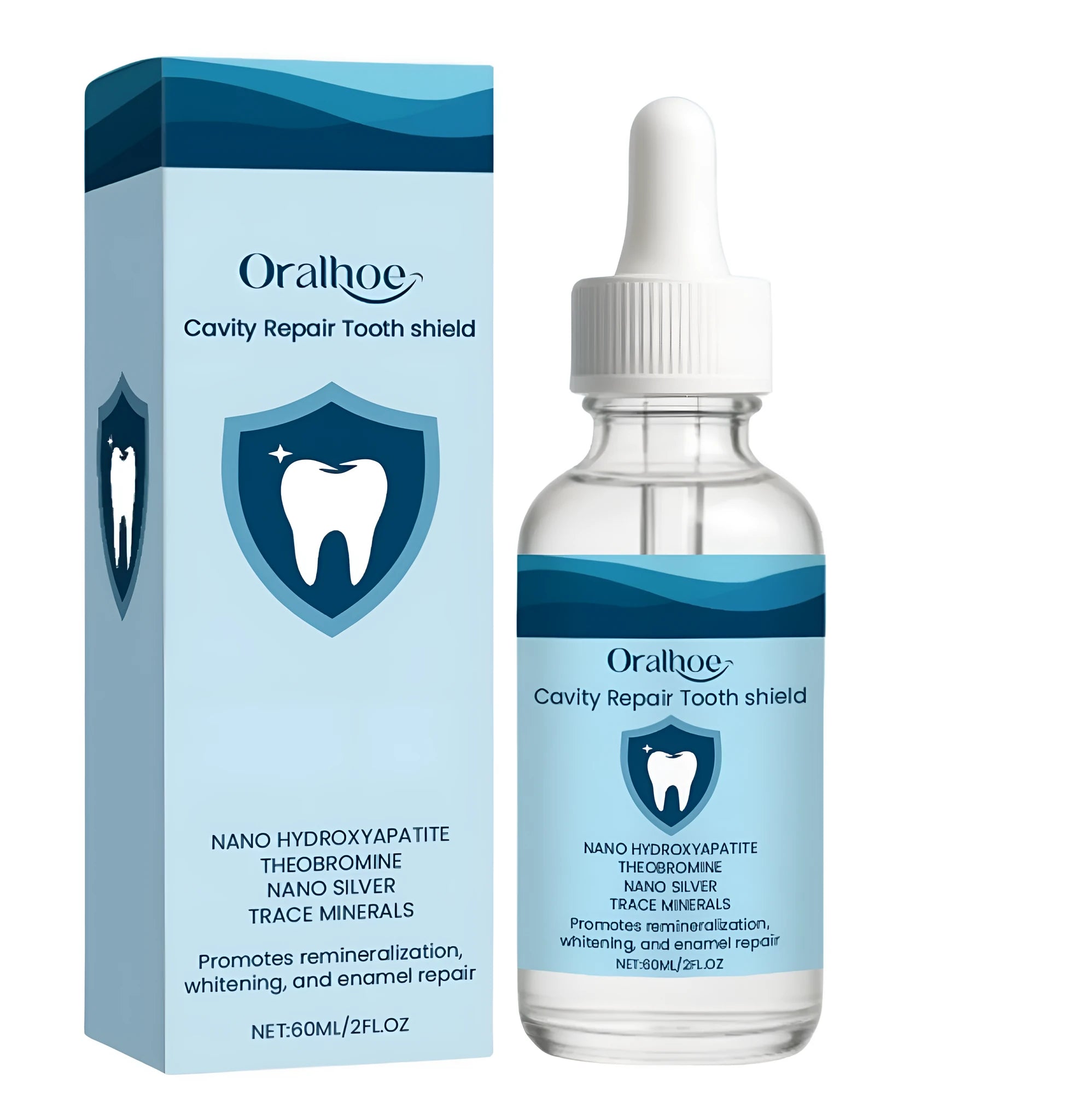 60ml bottle of dental restorative fluid with hydroxyapatite and theobromine for enamel support.