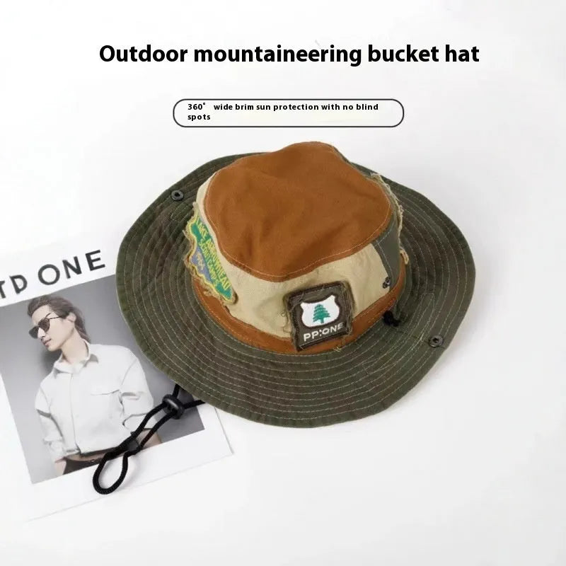 Women's army green cotton fisherman hat with flat crown and patchwork details