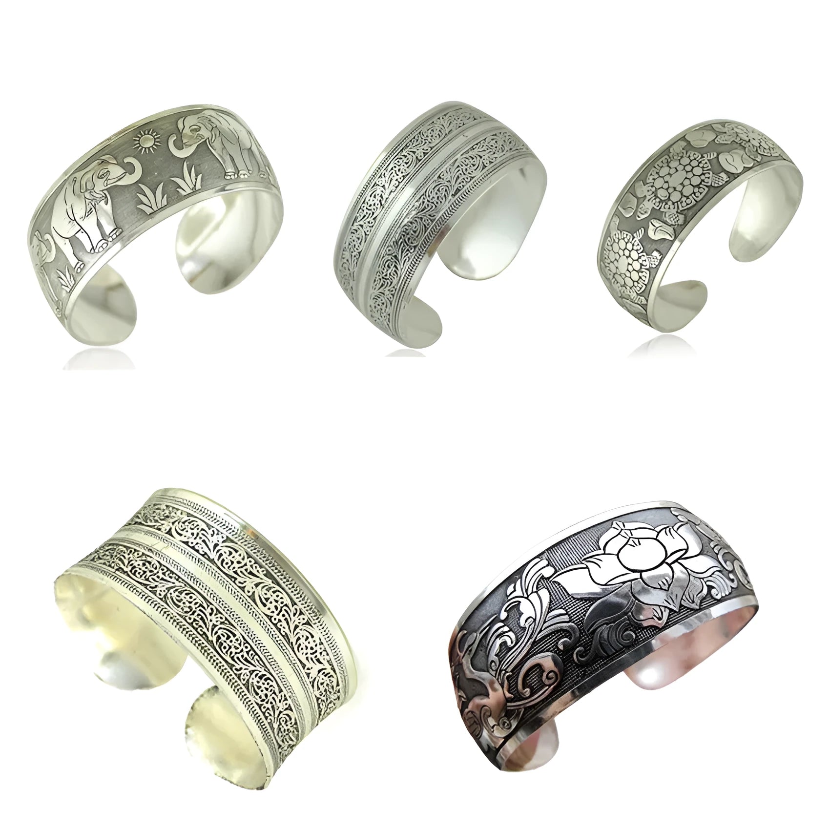 Carved openwork Miao ethnic bracelet in alloy with diamond-cut treatment showing detailed patternwork