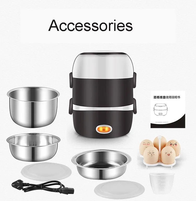 Black portable electric lunch box with USB cable, showing two-layer and three-layer capacity options.