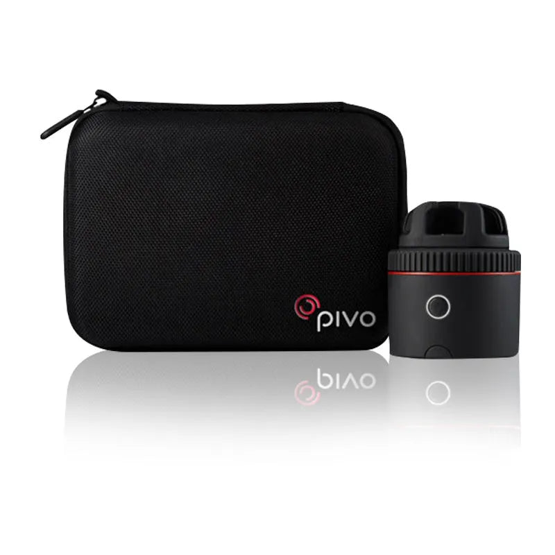 Matte black PIVO automated face tracking and rotating mount holding a smartphone