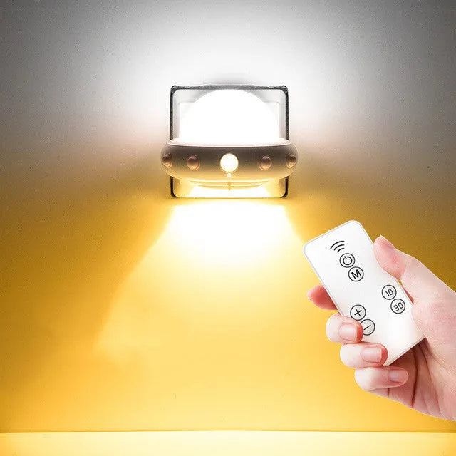 Remote control UFO-shaped bedside night light in blue, pink, or white with LED lighting