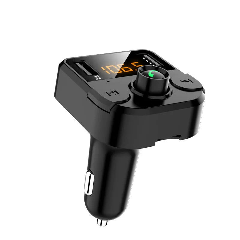 Black BT36B car Bluetooth MP3 player with 1.1-inch screen, plugged into a vehicle cigarette lighter socket.