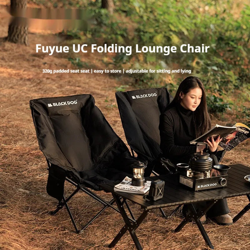 Night black folding camping moon chair with Oxford cloth fabric in folded position