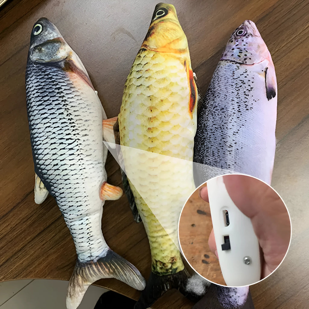 Multicolour 30cm long electronic jumping fish cat toy with USB cable.