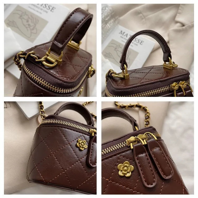 Portable Diamond Chain Mini Satchel nylon crossbody bag with chain strap in beige colour