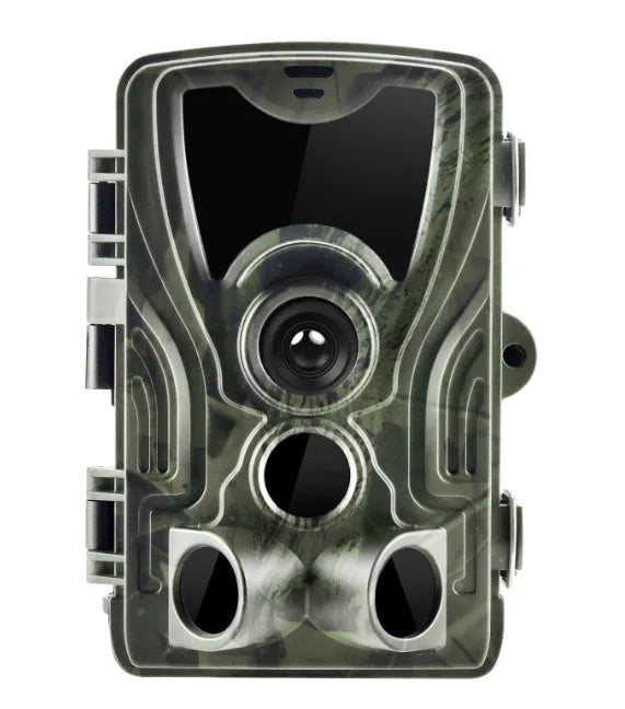 Green cellular trail camera with lens display and mounting bracket for outdoor wildlife monitoring