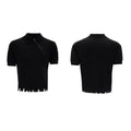 Black slim-fit knitted polo shirt for men with an oblique front zipper and lapel collar.