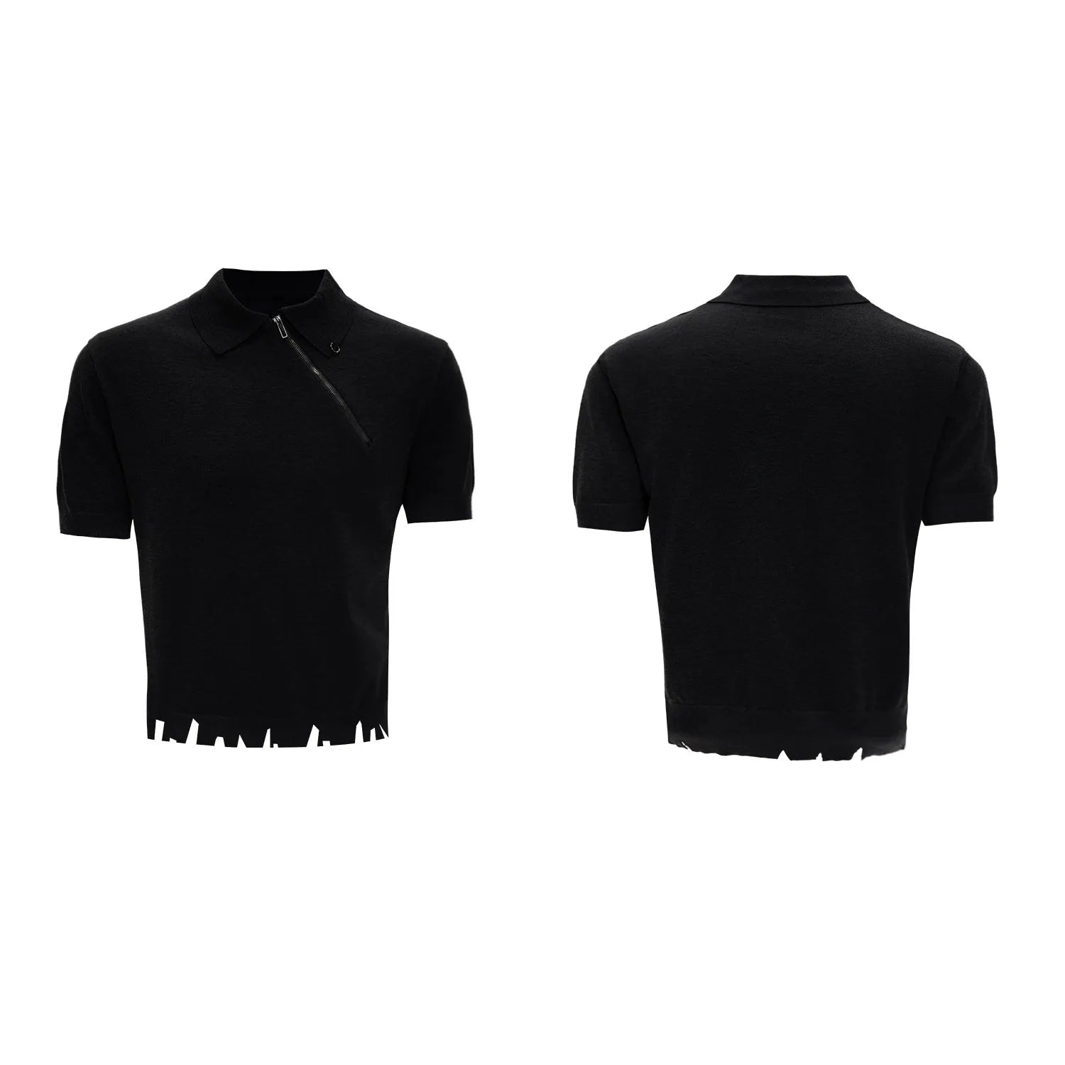 Black slim-fit knitted polo shirt for men with an oblique front zipper and lapel collar.