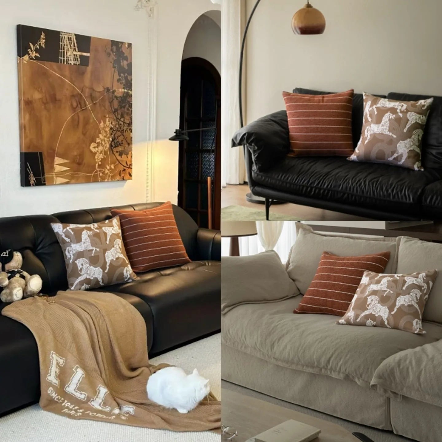 Chinese style square pillow cushion with geometric pattern in Maillard colours on sofa