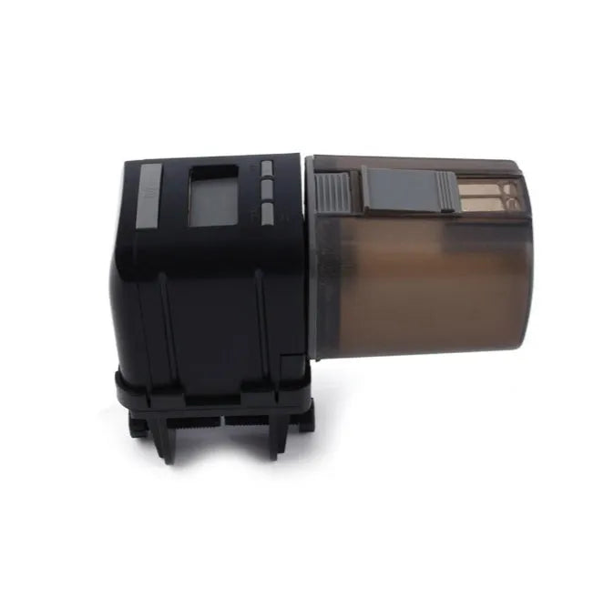 Black automatic fish feeder with timer, 175ml capacity, fixed clamp and velcro strap for tank installation