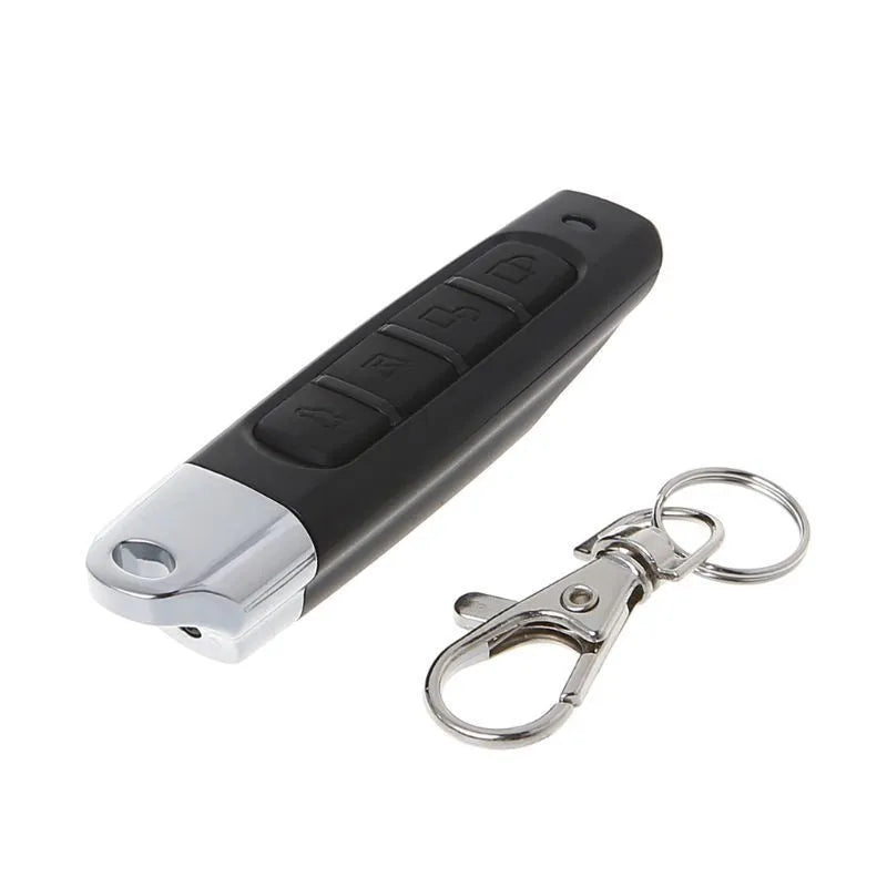 433MHz rolling door remote control in black showing compact 6.7cm design with programming buttons