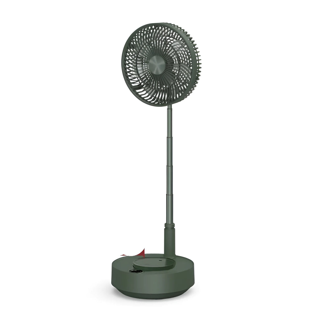 Green telescopic rechargeable floor fan extended to full height with remote control