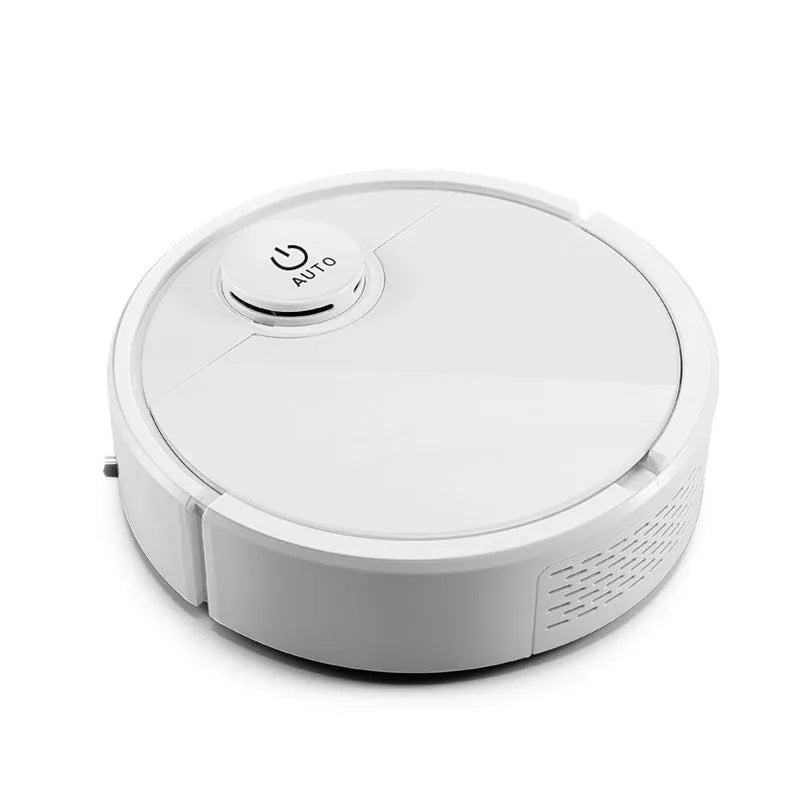 Automatic sweeping robot with a white ABS plastic housing on a wooden floor.
