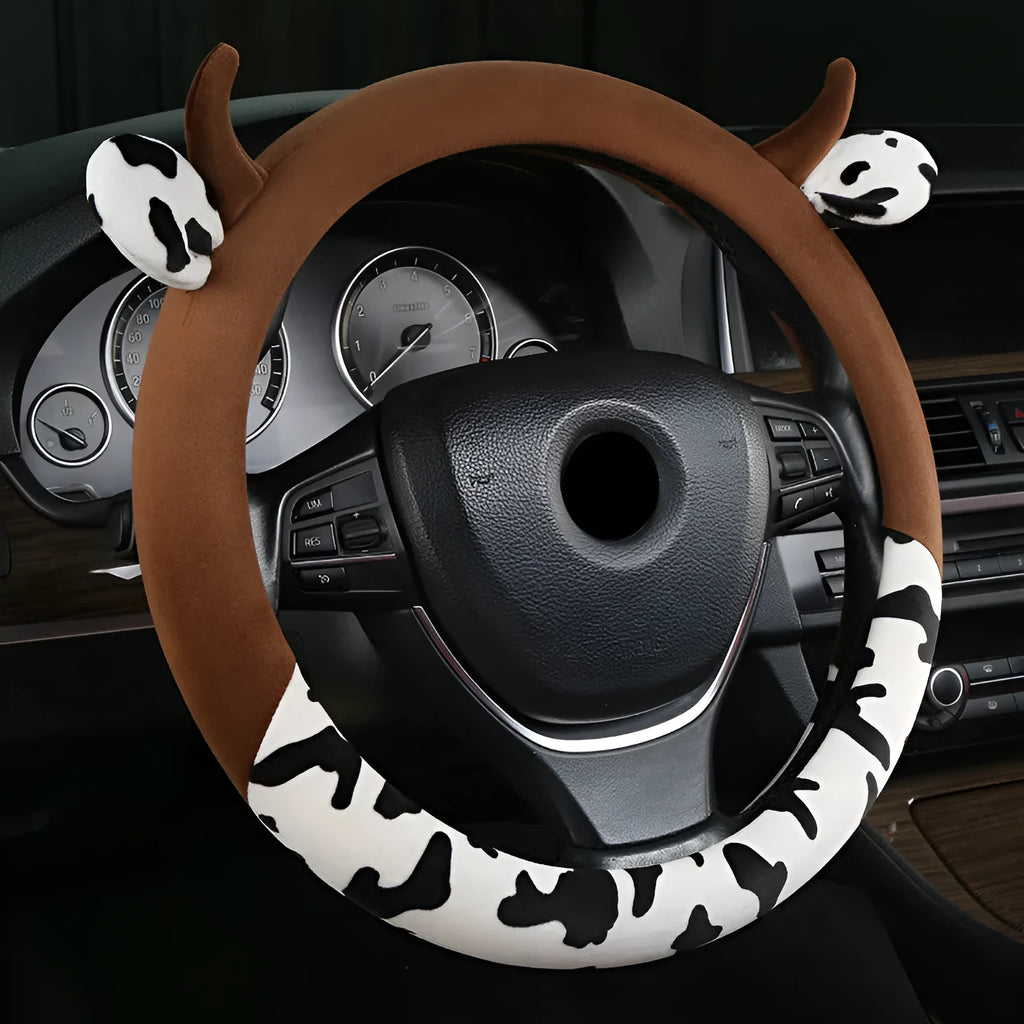Short plush automotive steering wheel cover in 38cm size with protective handle