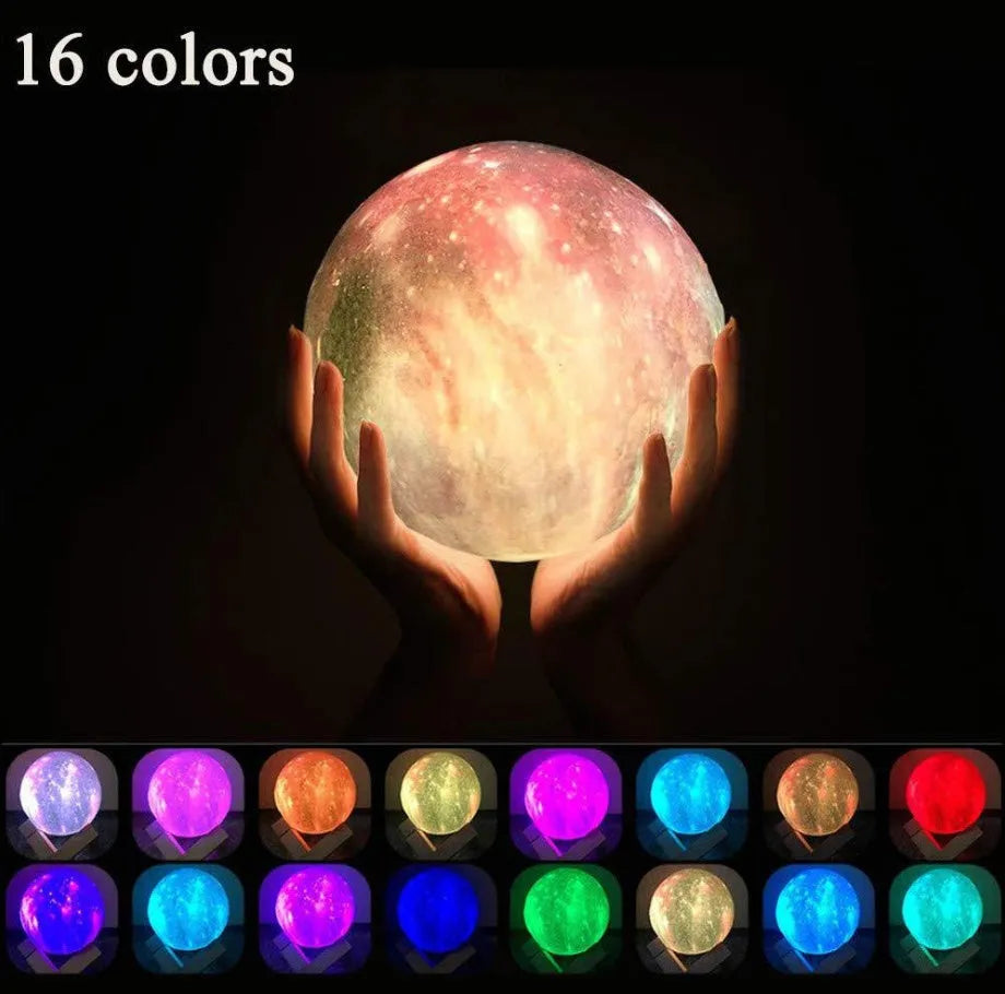 Spherical lunar night light on display, showing colour-changing LED glow with remote control.